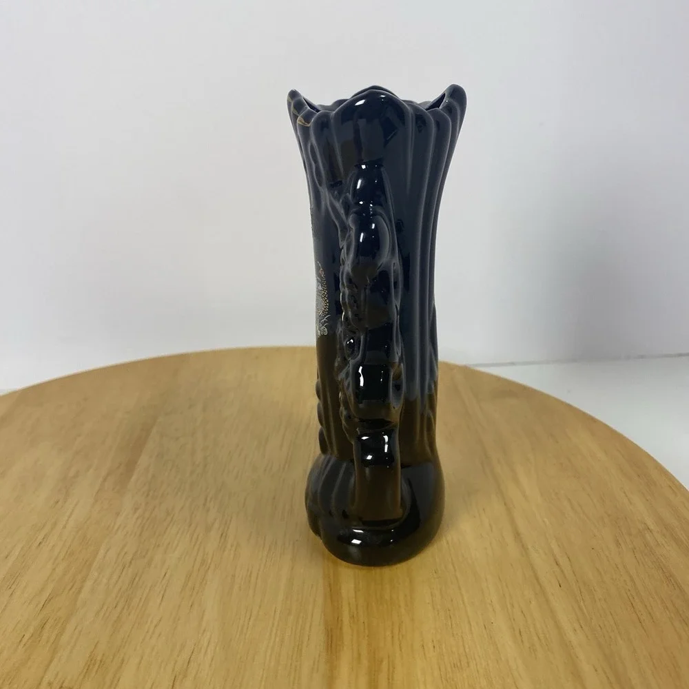 Japanese Style Black Boat Vase And Two Medium with Peacock Floral Scene 3 Pieces